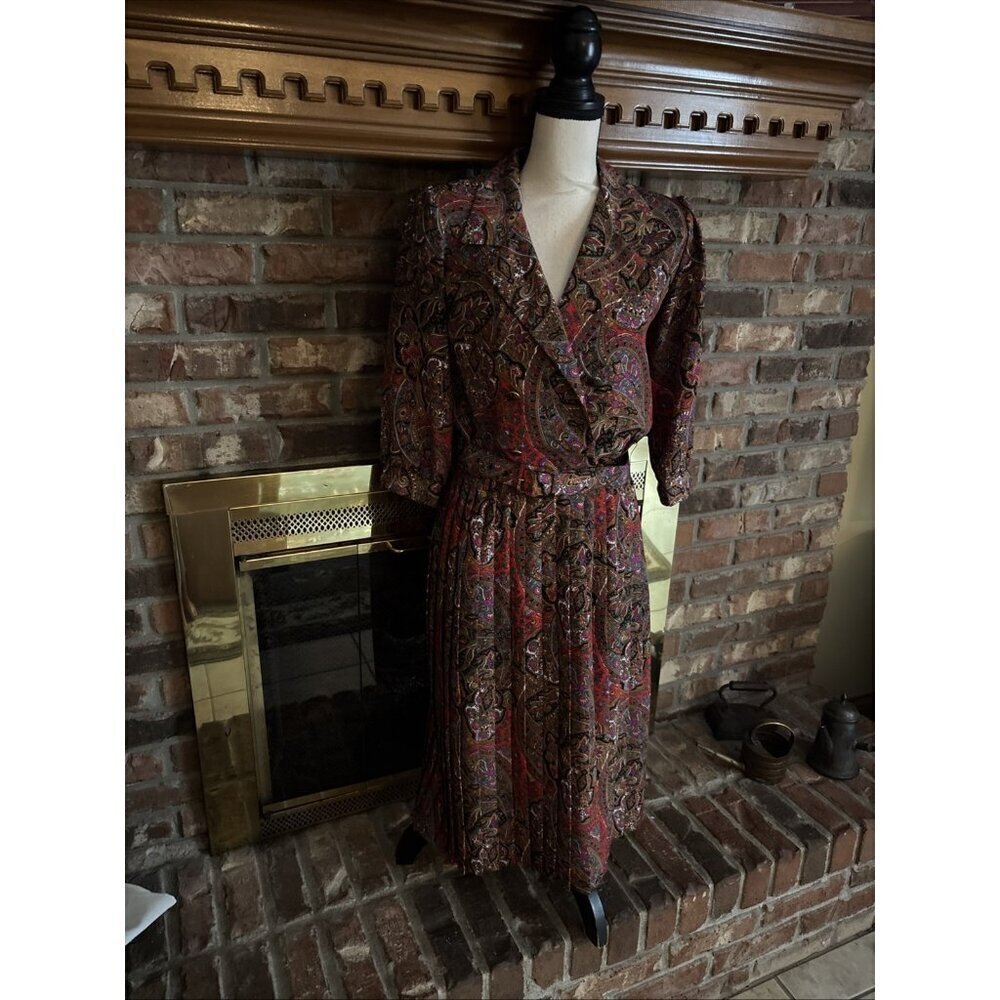 Vintage Breli Originals Brown Paisley Dress Size 10 Pleated